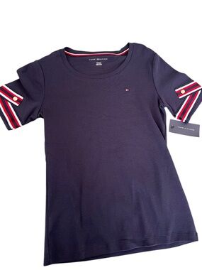 Tommy Hilfiger women’s XS  Short Sleeve Logo Tee with Striped Cuffs
